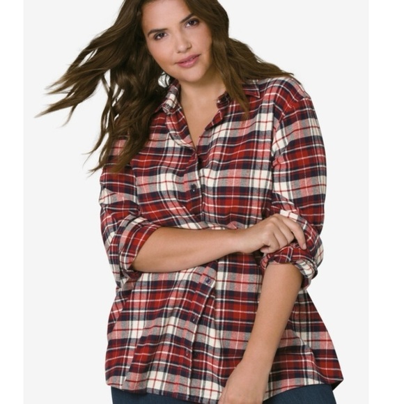 WOMAN WITHIN Red Plaid size Large (18-20) flannel long sleeve button up Shirt - Picture 2 of 6